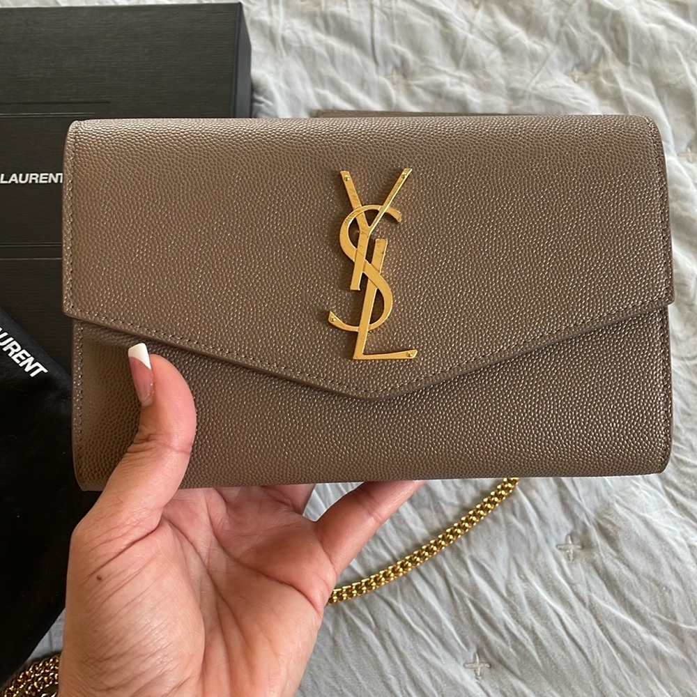 Yves Saint Laurent Taupe Uptown Leather Wallet on Chain